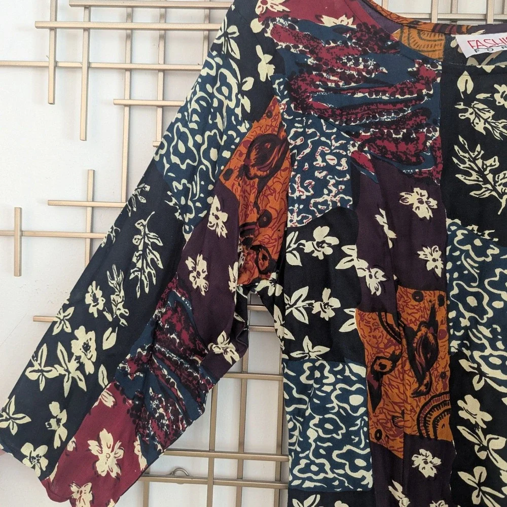 VTG 90's Fashion Force Patchwork Floral Midi Dress Long Sleeve‎ Womens Sz M Boho